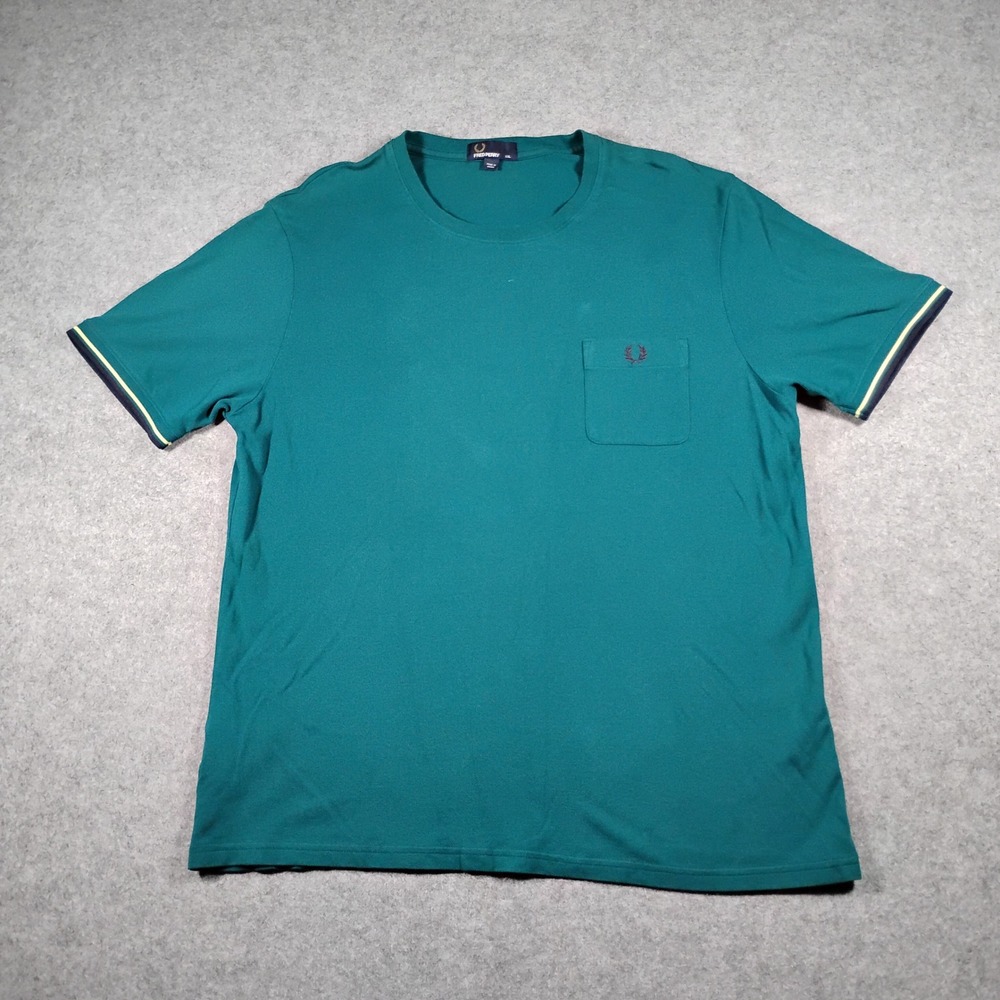 Fred Perry Pocket T Shirt Men's XXL Green Twin Tipped Sleeves Laurel Wreath
